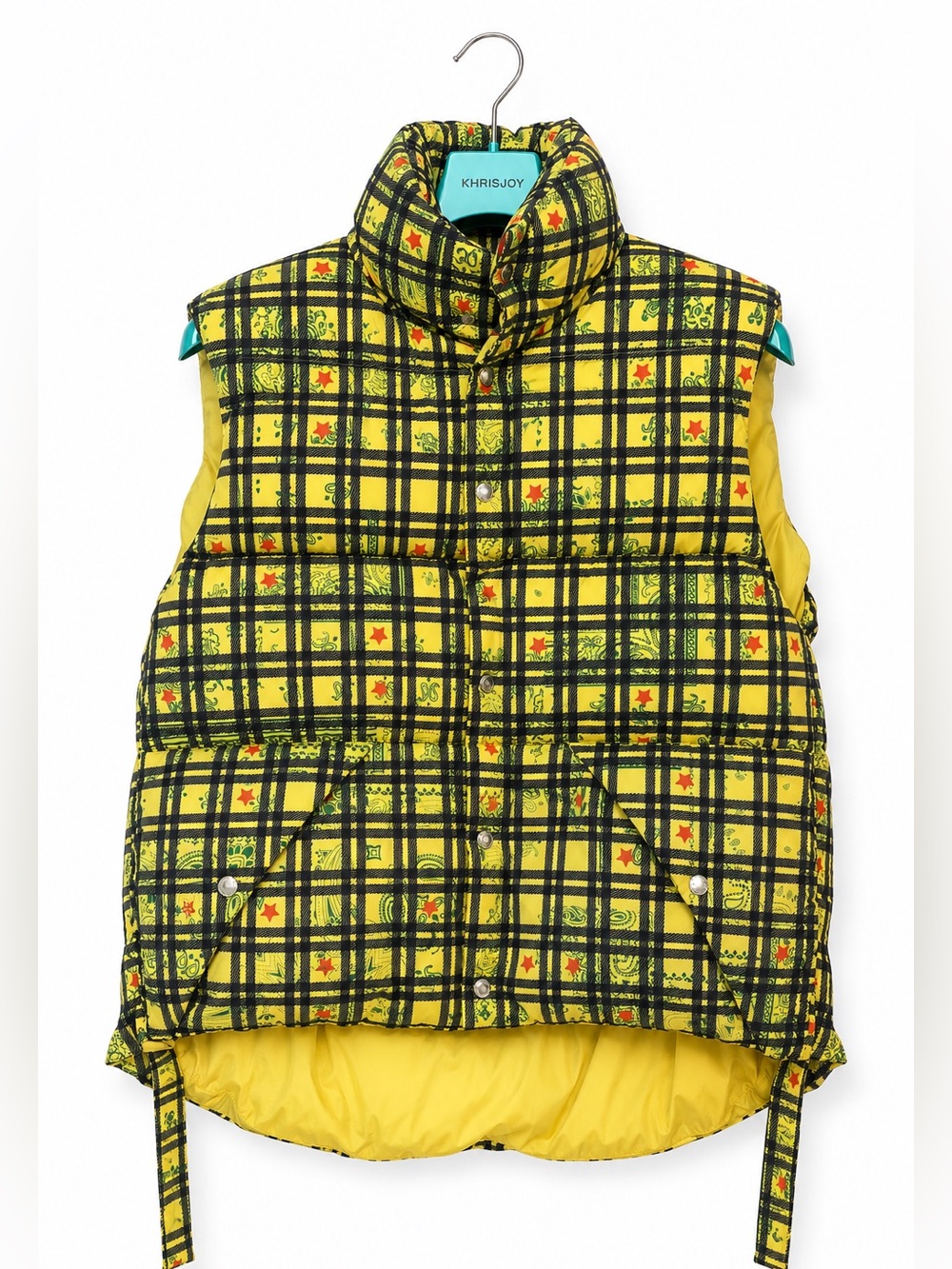 NWT KHRISJOY Yellow Plaid Patchwork Puffer Vest Jacket - Sz 1 / S-M MSRP $1,600)